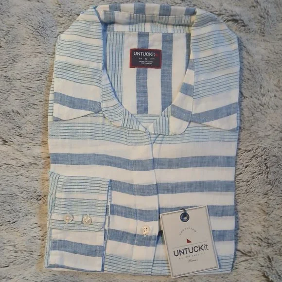 Untuckit Vietti Women's Long sleeve Linen Button Up Blue White Stripe  S… - Picture 9 of 11
